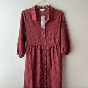 Roolee Polka Dot Button Up Nursing Friendly Modest Midi Dress Mauve Pink Navy S